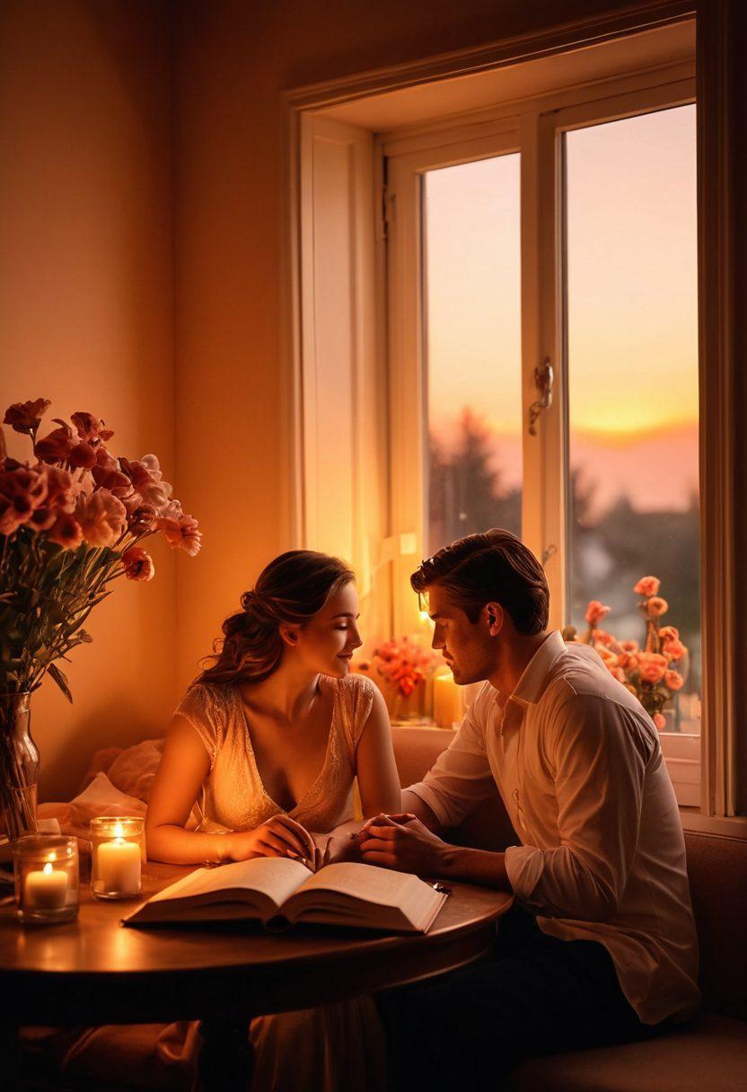 A cozy scene featuring a couple in a dimly lit room, surrounded by soft candlelight and flowers, sharing a tender moment while reading a book titled 'Secrets to Lasting Love'. Elements of romance like heart-shaped decorations and warm colors enhance the intimacy. A glimpse of a beautiful sunset through the window creates a magical atmosphere. dreamy, soft focus. warm colors. romantic lighting.