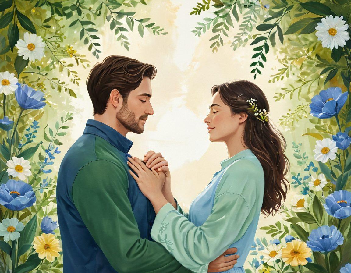 A serene couple in a warm, cozy environment, sharing a heartfelt moment with open body language, surrounded by symbols of trust like intertwined hands and blooming flowers representing growth. A soft, radiant light bathes the scene, evoking feelings of connection and empathy. Incorporate a calming color palette with gentle hues of blue and green to enhance emotional depth. super-realistic. soft focus. warm tones.