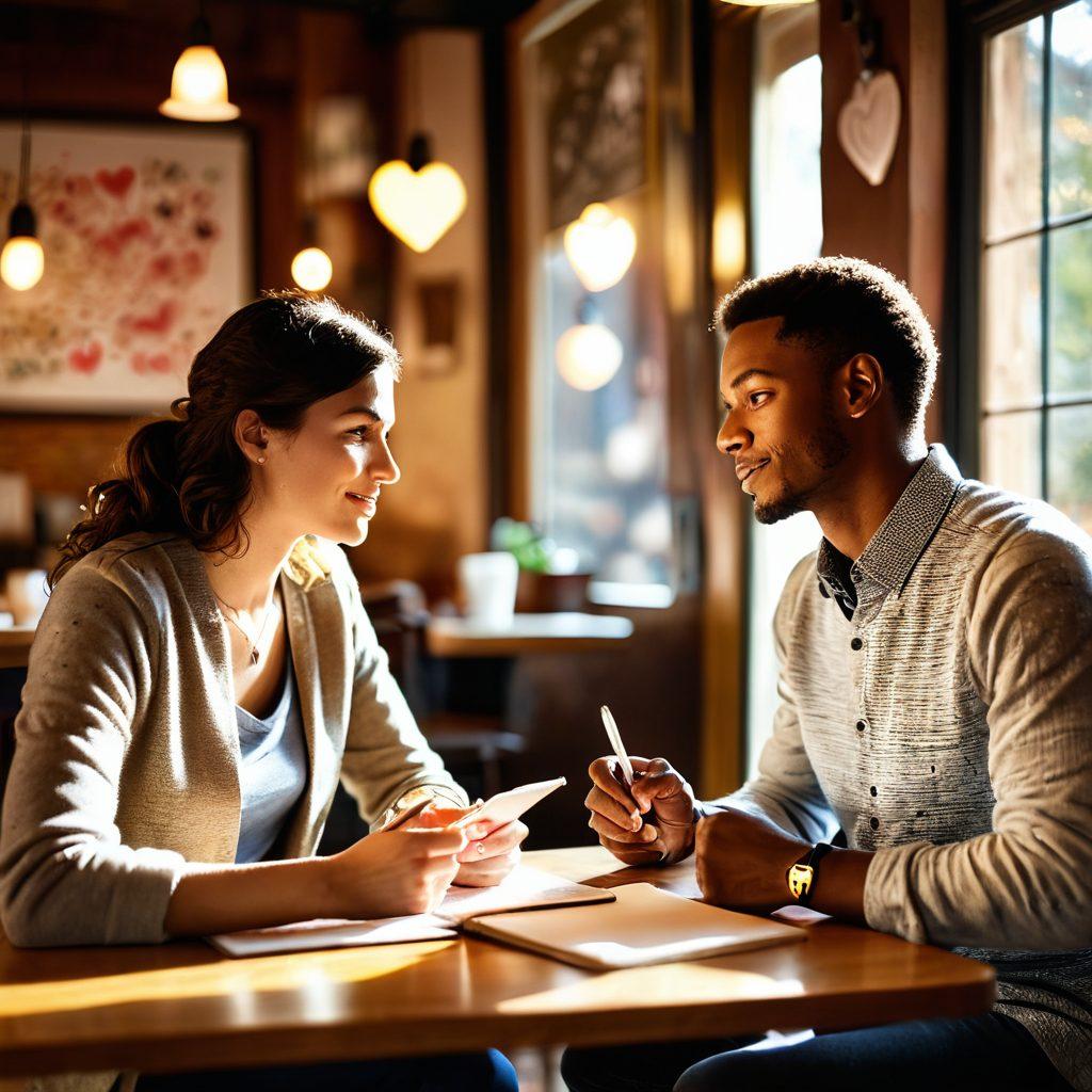 A serene scene depicting a couple engaged in dialogue at a cozy coffee shop, with warm sunlight streaming in. The woman is holding a notepad, taking notes, while the man gestures expressively, showcasing active listening. In the background, soft, abstract representations of communication symbols like speech bubbles and hearts float gently. This imagery captures the essence of communication transitioning into conflict resolution. vibrant colors. cozy atmosphere. soft focus.
